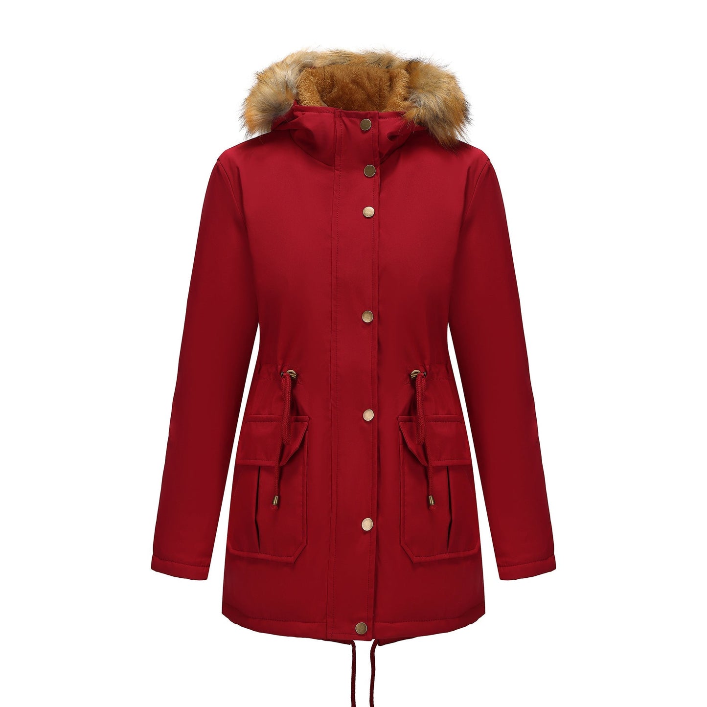 Manteau Mi-Long Élégant à Capuche et Col Fourrure