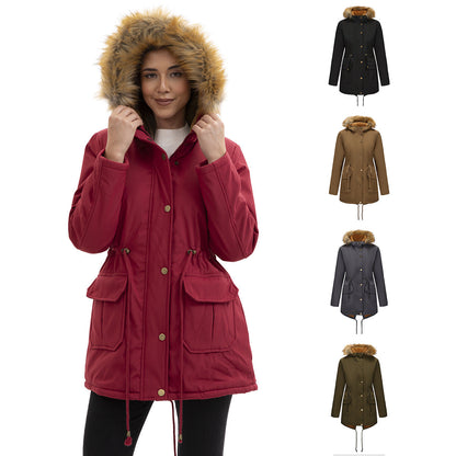 Manteau  Mi-Long Élégant à Capuche et Col Fourrure