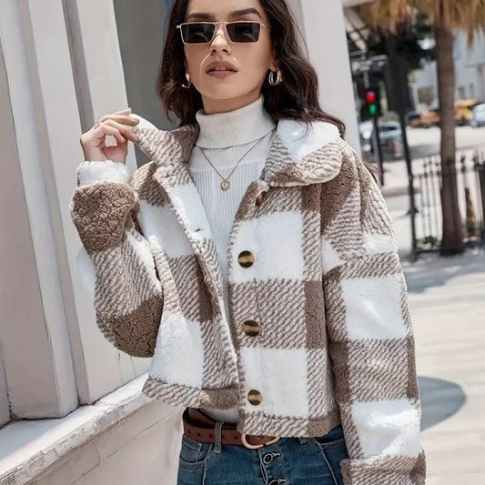 Gilet en peluche à carreaux et boutons, manteau chaud et décontracté