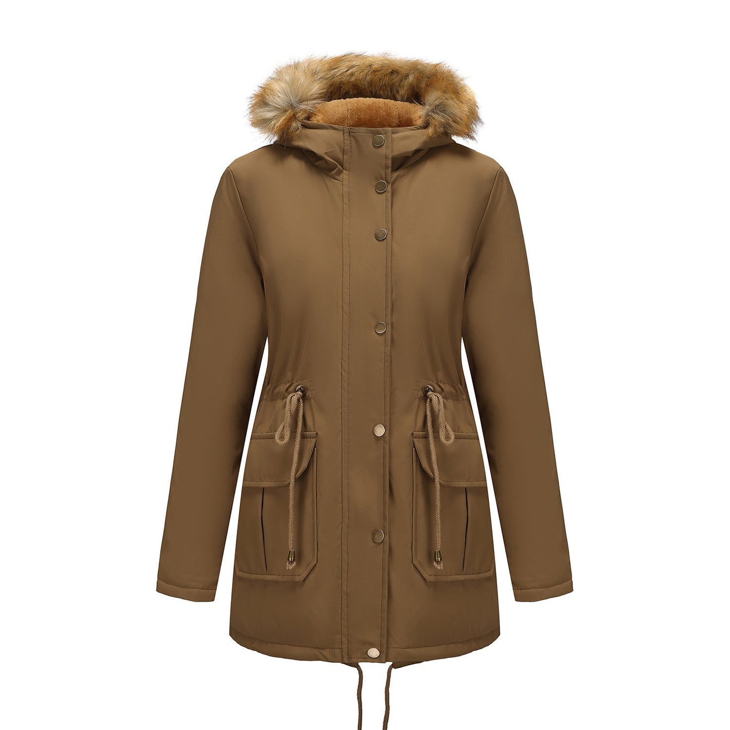 Manteau  Mi-Long Élégant à Capuche et Col Fourrure