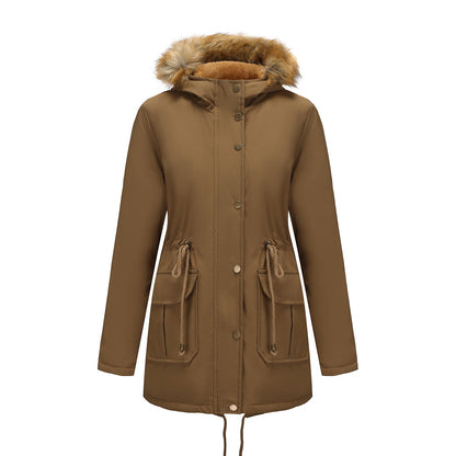Manteau  Mi-Long Élégant à Capuche et Col Fourrure