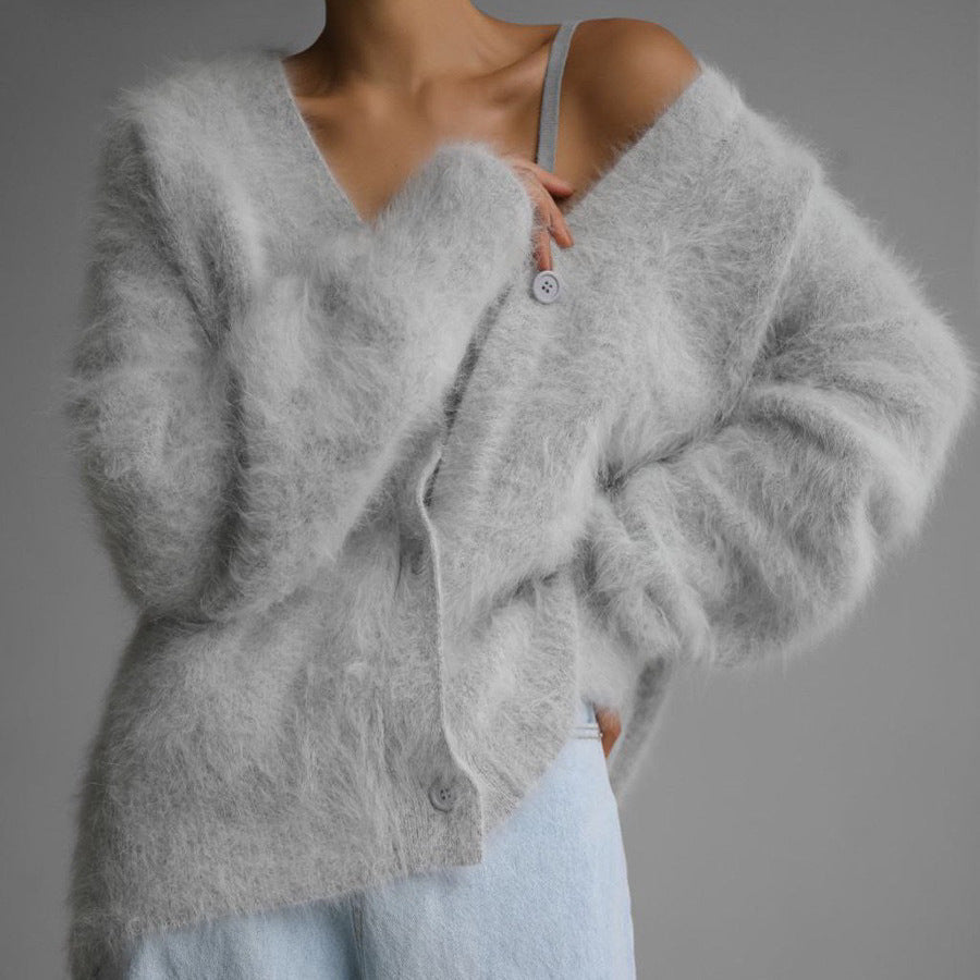Cardigan Femme Ample à Col V – Tricot Doux Boutonné