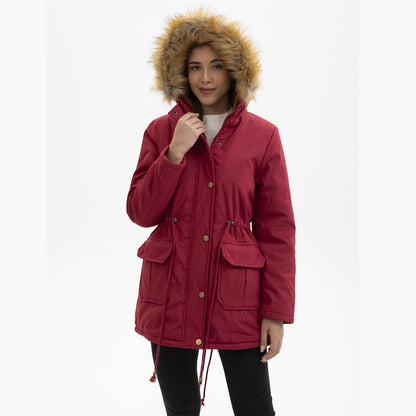 Manteau  Mi-Long Élégant à Capuche et Col Fourrure