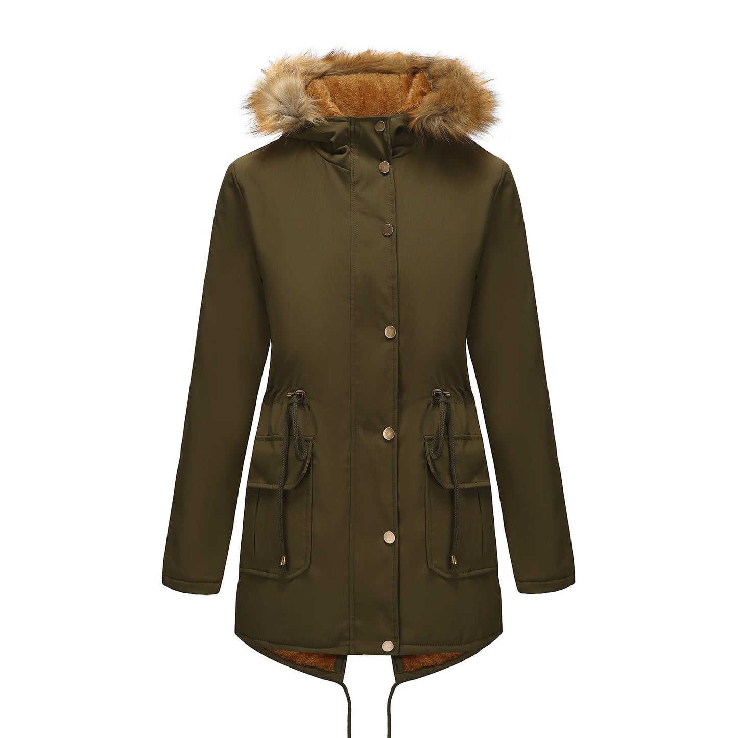 Manteau  Mi-Long Élégant à Capuche et Col Fourrure