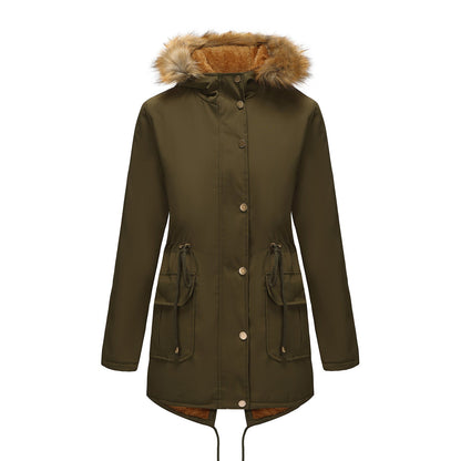 Manteau  Mi-Long Élégant à Capuche et Col Fourrure