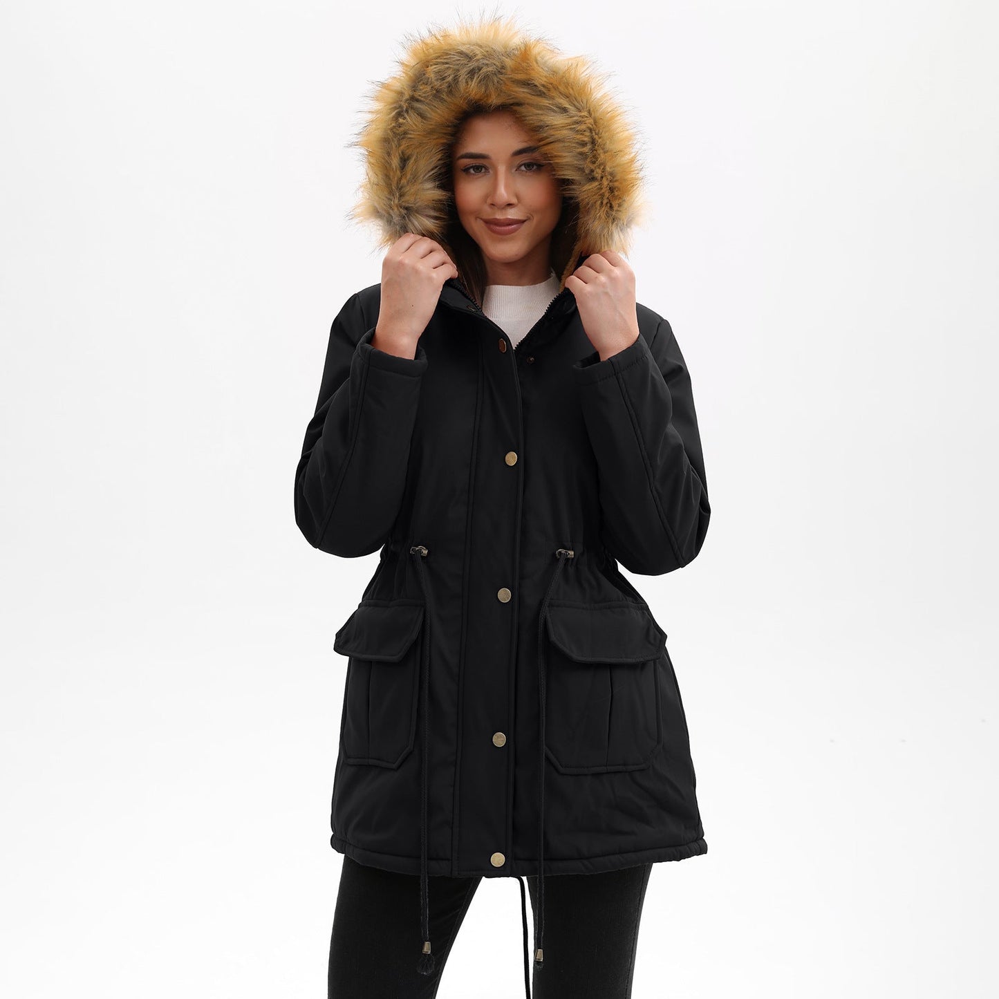Manteau  Mi-Long Élégant à Capuche et Col Fourrure