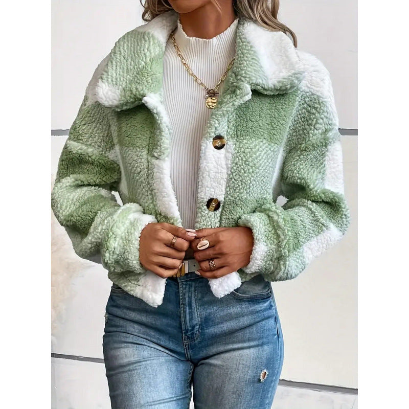 Gilet en peluche à carreaux et boutons, manteau chaud et décontracté