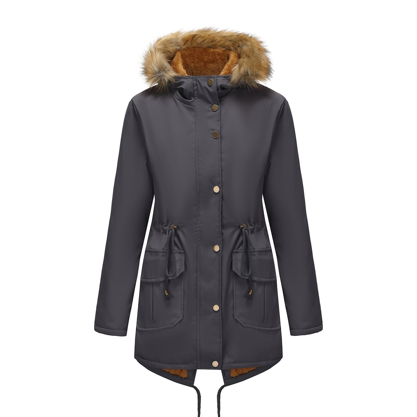 Manteau  Mi-Long Élégant à Capuche et Col Fourrure