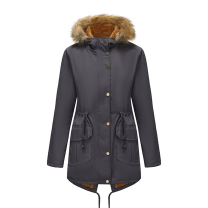Manteau  Mi-Long Élégant à Capuche et Col Fourrure