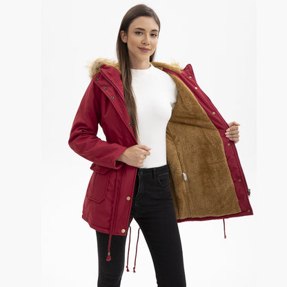 Manteau  Mi-Long Élégant à Capuche et Col Fourrure
