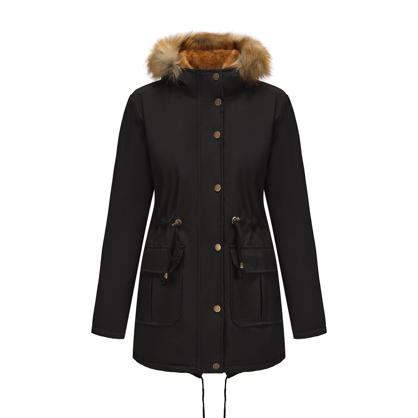 Manteau  Mi-Long Élégant à Capuche et Col Fourrure