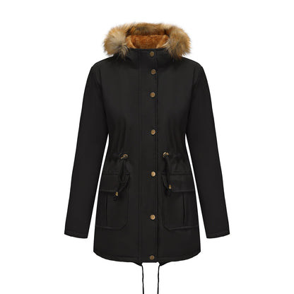 Manteau  Mi-Long Élégant à Capuche et Col Fourrure