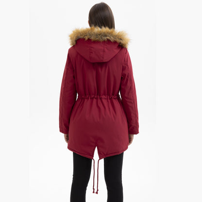 Manteau  Mi-Long Élégant à Capuche et Col Fourrure