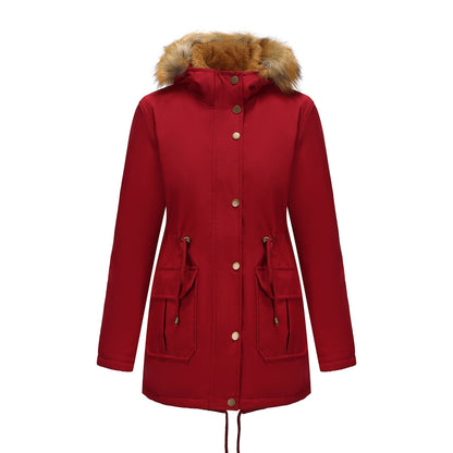 Manteau  Mi-Long Élégant à Capuche et Col Fourrure
