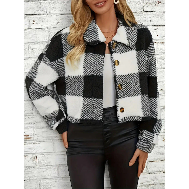 Gilet en peluche à carreaux et boutons, manteau chaud et décontracté